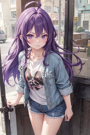 1girl,masterpiece,best quality,long hair, purple hair, ahoge, oversized t-shirt, denim shorts, denim jacket, looking at viewer, facing viewer , angry, blush , closed mouth, from above, close view,