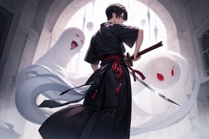 masterpiece, best quality, incredibly absurdress, highres, high detail background, 1boy, male hakama, from behind, battle_stance, fighting_stance, ghost beast, looking at viewer, holding katana
