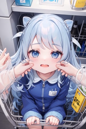 1girl, solo, masterpiece, best quality, blue pastel hair, blue eyes, sitting inside shopping cart, happy, cute jumpsuit, from above, >o<,PinchingPOV