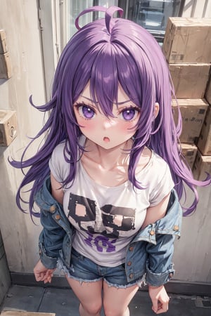 1girl,masterpiece,best quality,long hair, purple hair, ahoge, oversized t-shirt, denim shorts, denim jacket, looking at viewer, facing viewer , angry, blush, from above, close view,pov,:o
