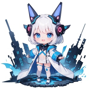 Simple white background, mascot, 1girl, solo, masterpiece, best quality, chibi, full body, futuristic, futuristic white outfit, futuristic coat, short-hair, (blue catears headgear, happy, smile