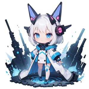 Simple white background, mascot, 1girl, solo, masterpiece, best quality, chibi, full body, futuristic, futuristic white outfit, futuristic coat, short-hair, (blue catears headgear, >3<