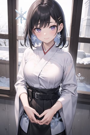 realistic, 1girl, blush, makeup,calm laugh,black hair ,silver coloured inner hair, glow,layered kimono, ruby eyes, next to open window ,frost, snowflake,heavy frosty wind, turning right ,snowflake clip,(masterpiece),sidelocks,medium_breasts,designed belt,snowflake ear rings