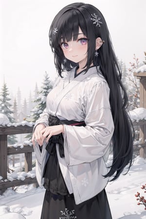 realistic, 1girl, blush, makeup,calm laugh,black hair ,silver coloured inner hair, glow,layered kimono, ruby eyes, standing in snow,frost, snowflake,heavy storm ,snowflake clip,(masterpiece),sidelocks,medium_breasts,snowflake ear rings,very_long_hair,a_line_haircut