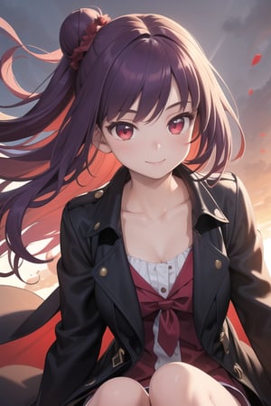 (masterpiece), best quality, high resolution, highly detailed ,detailed background, perfect lighting, realistic, 1girl, body till knees, light smile,red coloured inner hair, full hair bunds,purple hair, black trench coat, glow, long tie,crimson red eye,  collarbone, slim, sunbeam, sunlight, rose, wind,