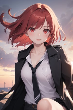 (masterpiece), best quality, high resolution, highly detailed ,detailed background, perfect lighting, realistic, 1girl, body till knees, light smile,red coloured inner hair, hair_over_eye, multicolour_hair, black trench coat, glow, long tie,crimson red eye,  collarbone, slim, sunbeam, sunlight, rose, wind,