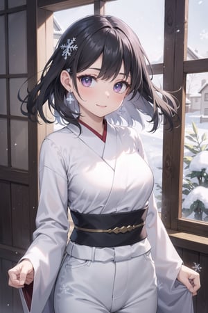 realistic, 1girl, blush, makeup,calm laugh,black hair ,silver coloured inner hair, glow,layered kimono, ruby eyes, next to open window ,frost, snowflake,heavy frosty wind, turning right ,snowflake clip,(masterpiece),sidelocks,medium_breasts,designed belt,snowflake ear rings