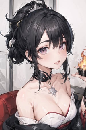 realistic, 1girl, blush, makeup,calm laugh,black hair ,silver coloured inner hair, glow,layered kimono, ruby eyes,hot, flames,hell,snowflake clip,(masterpiece),sidelocks,medium_breasts,snowflake ear rings,updo_hairstyle