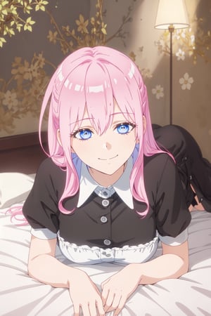 1 girl, full body, pink hair, messy hair, blue eyes, bright, beautiful eyes, playful, funny, nice, narrow waist, (masterpiece), wallpaper, braver, realistic, nice decorated room, lying on bed, black maid clothes, sunbeams, soft lights, sleepy, eye contact, slight smile, shikimori