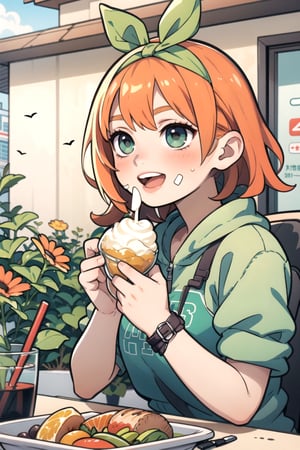 yotsuba, eating, with leftover food on her face, cheeks puffed out, seen from left, happy, distracted, green ash, orange hair,nakano_yotsuba