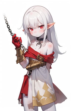 (1 elf girl), (white hair), (bangs), ((white skin)), (((red eyes))), (thin body), ((dressed in dirty rags)), chain around the collar, elden ring style, high quality, innocent look, dark fantasy, good anatomy