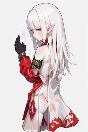 (1 elf girl), (white hair), (bangs), ((white skin)), (((red eyes))), (thin body), ((dressed in dirty rags)), chain around the collar, elden ring style, high quality, innocent look, dark fantasy, good anatomy