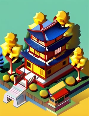 isomertric, isometric, architecture, building, east asian architecture, house, isometric building, no humans, scenery, tree, yellow background