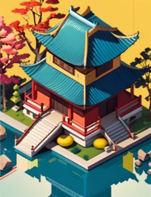 isomertric, isometric, architecture, building, east asian architecture, house, isometric building, no humans, scenery, tree, yellow background