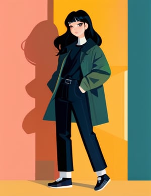 illustration, flat design, 1girl, solo, black hair, long hair, black eyes, standing, long sleeves, looking at viewer, shadow, black pants, shirt, full body, pants, shoes, jacket