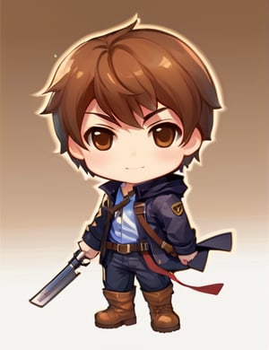 chibi, chibi style, 1boy, male focus, solo, brown eyes, smile, weapon, holding, brown hair, pants, boots, standing, looking at viewer, holding weapon, belt, jacket, full body, closed mouth, short hair, brown footwear, shirt