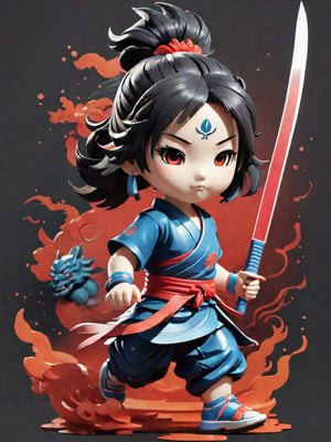 1girl walking, holding blade ,AI_Misaki,3d figure,oni style,tshirt design,chinese ink drawing