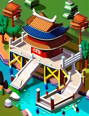 isomertric, isometric, bird, bridge, building, house, isometric building, no humans, outdoors, scenery, stairs, tree, water