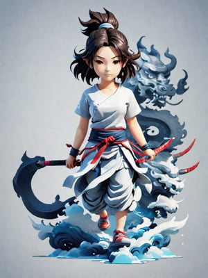 1girl walking, holding blade ,AI_Misaki,3d figure,oni style,tshirt design,chinese ink drawing