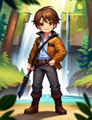 chibi, chibi style, 1boy, male focus, solo, brown eyes, smile, weapon, holding, brown hair, pants, boots, standing, looking at viewer, holding weapon, belt, jacket, full body, closed mouth, short hair, brown footwear, shirt, forest, waterfall