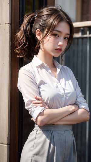 A high school student, a girl in her early teens, stands confidently at the school gate, dressed in a crisp white laced blouse and matching suit. Her curly brown hair is tied back in a neat ponytail, accentuating her bright, beautiful eyes that sparkle with curiosity. The warm sunlight casts a flattering glow on her smooth skin, highlighting the subtle freckles scattered across her nose. In a stunning cowboy-shot composition, the camera captures her profile, with the school building's entrance subtly blurred in the background, creating a sense of depth and dimensionality. Every detail is meticulously rendered, from the delicate texture of her blouse to the sharp focus on her eyes, making this image a masterclass in photorealism.