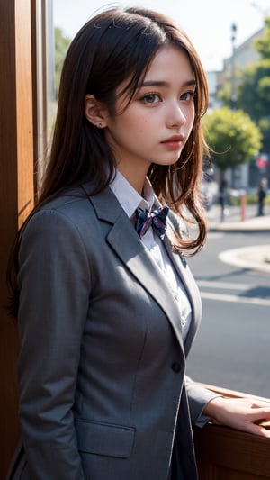 A 16-year-old girl stands tall at the school gate, radiating confidence in her crisp school uniform. Her lace-trimmed blouse and matching suit are immaculately tailored, contrasting beautifully with the warm sunlight casting a gentle glow on her face. The camera captures her profile from a low angle, emphasizing her stature, as she gazes straight ahead with piercing eyes that seem to sparkle like diamonds. The soft focus in the background subtly blurs the busy school scene, drawing attention solely to our subject's striking features. In this photorealistic masterpiece, every detail is finely rendered, from the delicate lace trim to the subtle smile playing on her lips.