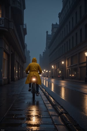 digital painting, realistic oil painting style, dark and moody atmosphere, rainy night scene with bike rider wearing a yellow raincoat, glowing streetlights reflecting on wet pavement, by Thomas Kinkade and Edward Hopper.