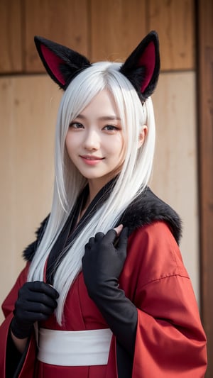 masterpiece, best quality, 1girl, White hair, red eyes, fox ears, long hair, red kimono, black coat, black gloves, otoko no ko, Smile,