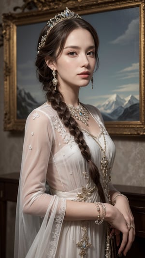 A stunning portrait of Princess Elena, inspired by Russian folklore and fairytales, with long flowing braid adorned with pearls and jewels, intricate details in her traditional dress, realistic painting style reminiscent of John Singer Sargent's portraits. The background features a majestic castle and snow-capped mountains, adding to the fairytale atmosphere. This piece is a collaboration between artists Paul Cézanne and Jan van Eyck, combining their unique styles to create a lifelike and breathtaking image.