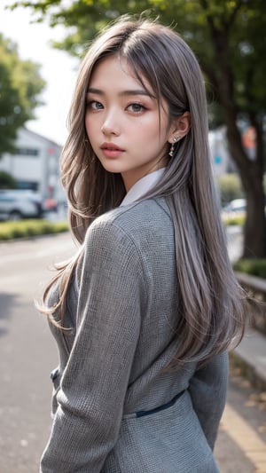 A stunning Japanese girl with faded ash gray hair and piercings strikes a fashion model pose in a close-up shot at a picturesque park during the day. Her long hair cascades down her back as she looks directly into the camera lens, showcasing her striking features. She wears a school uniform with a subtle gradient of colors, perfectly capturing the essence of youthful elegance.