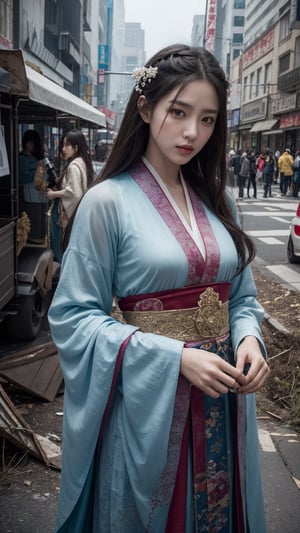 Best quality, Masterpiece, 超高分辨率, (photograph realistic:1.4), surrealism, Dream-like,fusionart, AI Goddess,Ten thousand swords plunged into the ground,Background: Chang'an City that Never Sleeps,Robe Hanfu,A glimpse of amazement