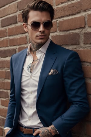 handsome guy with fancy suit and tattoo all over, with  sunglasses 