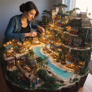  300 foot tall   zoom out, gorgeous, beautiful woman unpacking things in the miniature coastal town, beautiful colors, tiny people, carts, horses, trees, , trending on artstation,  studio shot, fase detailed, intricate detail, highly detailed, by Amanda Clark