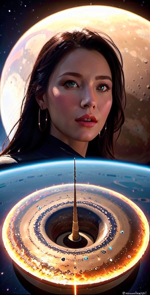 close-up,, zoom in to giantess, full body, beautiful face, close-up, full body, beautiful face, beautiful eyes, beautiful body, Gigantic giantess Beautiful goddess sitting on the surface of titan moon,  planet saturn covers the sky in the background, large view, colony, methane lakes, ice, landscape, dawn, dramatic lights, trending on artstation, sharp focus, studio photo, intricate details, highly detailed, by greg rutkowski, GTSPlanet, GTSSpace, Rampage, 