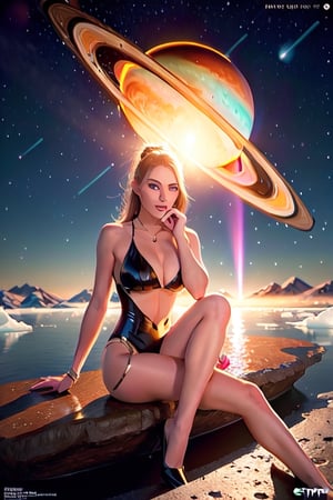 close-up,, zoom in to full body giantess, full body, beautiful face, close-up, full body, beautiful face, beautiful eyes, beautiful body, Gigantic giantess Beautiful goddess sitting on the surface of titan moon,  planet saturn covers the sky in the background, large view, colony, methane lakes, ice, landscape, dawn, dramatic lights, trending on artstation, sharp focus, studio photo, intricate details, highly detailed, by greg rutkowski, GTSPlanet, GTSSpace, Rampage, 