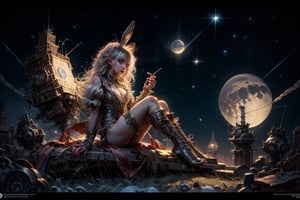 full Body,  Steampunk  Playboy Bunny Girl, chrometech , sitting moon, , , , , ,chrometech ,sitting moon,ultra high resolution,8k,Hdr,