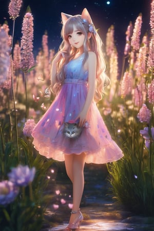 Best_quality, masterpiece, photo_realistic, ultra_high_res, 8K_raw_photo, 1girls, beautifull_face, long_hair, cat_ear, cat_tail, sheer_dress, high_heels, smiling, standing_on_flower_field, in_the_night_time, moonlight, waterfall, full_body_portrait, detailed_skin, pore, wide_shot, detailed_background, soft_lighting, finely_detailed, ultra_detailed, 8k_uhd, dslr