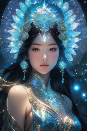  In this mesmerizing and highly detailed scene, we encounter a stunning 23-year-old Japanese goddess who embodies pure light and energy. Her symmetrical body, radiant hair, captivating eyes, and flawless face are a testament to her ethereal beauty. She seems to be crafted from the very essence of light, with bioluminescent gases dripping from her like neon raindrops, creating a breathtaking and awe-inspiring effect.

The image of this celestial being is captured with remarkable precision using a Nikon D850 camera, and it presents a captivating bokeh effect that has set the digital art world ablaze. Crafted by the talented artist Karol Bak, this artwork has garnered well-deserved recognition from prestigious awards. The addition of cinematic lighting adds depth to the portrait, achieving a level of photorealism that is truly astounding, even at an astonishingly high resolution of 8888K. The interplay of light and color in the image is nothing short of mesmerizing, making each detail come to life.

As we behold this cosmic goddess in repose, she seamlessly merges the celestial and earthly realms, beckoning viewers into a realm of pure fantasy. Her facial features, perfect in their symmetry, align with the golden ratio, creating a harmony of form that is enchanting to behold. Her mythical aura is further amplified by the intricate molecular textures, iridescent scales, and luminescent beauty that define her otherworldly form.

Volumetric light bathes her in an ethereal glow, casting enchanting auras and reflections that serve as a testament to her breathtaking presence. This artwork is a remarkable fusion of art and imagination, and its iridescent beauty effortlessly transcends the boundaries of the ordinary, inviting viewers into a world where the extraordinary reigns supreme.