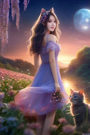 Best_quality, masterpiece, photo_realistic, ultra_high_res, 8K_raw_photo, 1girls, beautifull_face, long_hair, cat_ear, cat_tail, sheer_dress, high_heels, smiling, standing_on_flower_field, in_the_night_time, moonlight, waterfall, full_body_portrait, detailed_skin, pore, wide_shot, detailed_background, soft_lighting, finely_detailed, ultra_detailed, 8k_uhd, dslr