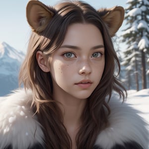 High Detail, Ashen, anthropomorphic human female,  japanese,   pixar style close-up of lion native lioness woman, wild hair, freckles, fur skin, lion eyes, lion ears,, snow background, art for best selling award, winning young adult fantasy novel, intricate, elegant, well composed, highly detailed, by Chengwei Pan, Viktoria Gavrilenko, M4d L10n, Trending on Playground