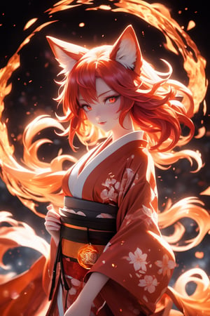 (sexy, japanese flame foxy, flaming veins), red and orange tones, symmetrical full body, flaming kimono,(masterpiece, best quality, ultra-detailed, best shadow), (detailed background,dark fantasy), (beautiful detailed face), high contrast, (best illumination, an extremely delicate and beautiful), ((cinematic light)), colorful, hyper detail, dramatic light, intricate details, (1girl, solo, red hair, sharp face, amber eyes, hair between eyes,dynamic angle), blood splatter, swirling black light around the character, depth of field, light particles,(broken glass),magic circle, (full body), Spirit Fox Pendant