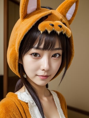 1girl, japanese, adult, indoors, colorful, cute fox costume, ultra realistic, best quality, ultra detailed, gorgeous woman, upper body, closeup