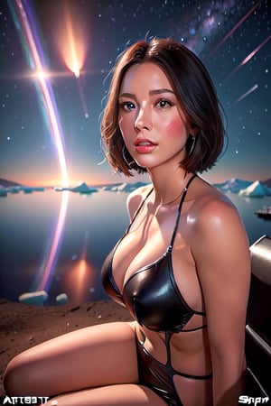 close-up,, zoom in to giantess, full body, beautiful face, close-up, full body, beautiful face, beautiful eyes, beautiful body, Gigantic giantess Beautiful goddess sitting on the surface of titan moon,  planet saturn covers the sky in the background, large view, colony, methane lakes, ice, landscape, dawn, dramatic lights, trending on artstation, sharp focus, studio photo, intricate details, highly detailed, by greg rutkowski, GTSPlanet, GTSSpace, Rampage, 