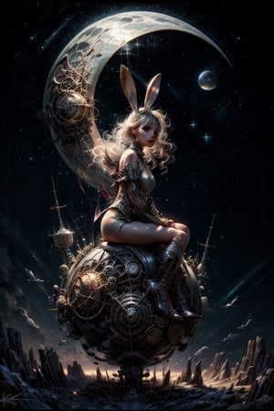 full Body,  Steampunk  Playboy Bunny Girl, chrometech , sitting moon, , , , , ,chrometech ,sitting moon,ultra high resolution,8k,Hdr,