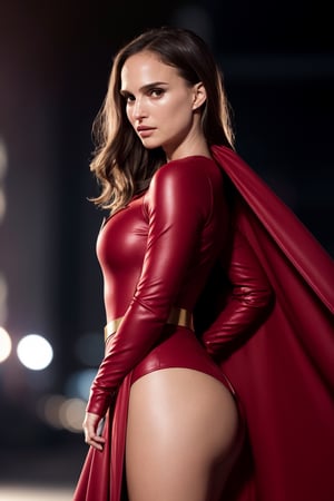 super girl, costume, hero, skirt, sensual, red cape, full_body, (RAW Photo, cg unity, photography, ultra realistic details, sharp focus, detailed skin, 4k, high-res, masterpiece, best quality:1.1), (realistic, photo-realistic:1.37) (8k, 4k, UHD, high resolution, professional, cinematic, movie, dramatic, noise), (detailed background:1.25), bokeh anamorphic depth of field blur background, natalie portman