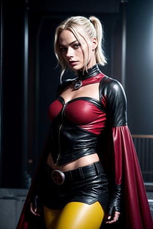 harleyquinn, costume, hero, skirt, cape red, (RAW Photo, cg unity, photography, ultra realistic details, sharp focus, detailed skin,4k, high-res, masterpiece, best quality:1.1), (realistic, photo-realistic:1.37) (8k,4k, UHD, high resolution, professional, cinematic, movie, dramatic, noise), (detailed background:1.25), bokeh anamorphic depth of field blur background, margot robbie