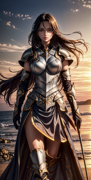 "Visualize a fierce and beautiful warrior woman standing tall on a battlefield. She wears intricately designed armor that blends strength and elegance. Her determined gaze is fixed on the horizon as her long hair billows in the wind. The sun casts a warm glow on her, highlighting both her strength and grace amidst the chaos of the battlefield. Capture the juxtaposition of her fierce prowess and her captivating beauty in this scene.",fate/stay background,DonMASKTex ,perfecteyes