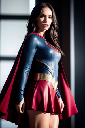 supergirl, costume, hero, skirt, cape red, sensual, full body, long legs, (RAW Photo, cg unity, photography, ultra realistic details, sharp focus, detailed skin,4k, high-res, masterpiece, best quality:1.1), (realistic, photo-realistic:1.37) (8k,4k, UHD, high resolution, professional, cinematic, movie, dramatic, noise), (detailed background:1.25), bokeh anamorphic depth of field blur background, megan fox