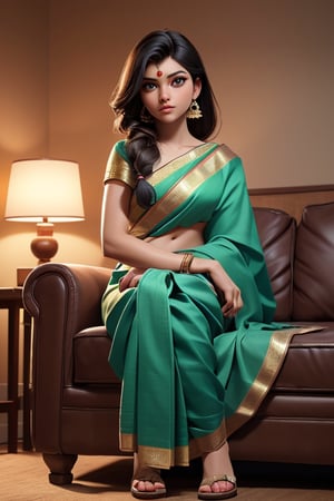 (full body shot:1.3), bokeh:1.2, indoors, (jwellery), ((sitting on sofa)), solo, ((wearing Indian traditional saree with jwellers)),  , ,(22 years old light skinned south Indian woman), medium natural breast, flowing hair glamour, (green  eyes, beautiful eyes), beautiful face, perfect illumination, beautiful detailed eyes, looking at viewer, stunningly beautiful woman, detailed hairstyle, realistic_detailed_skin_texture,  good hands,  good feet, (8k, RAW photo, best quality, masterpiece:1.2), (realistic, photo-realistic:1.37), ultra high res, photon mapping, radiosity, physically-based rendering, (ambient light:1.3), (cinematic composition:1.3),professional soft lighting, light on face, 