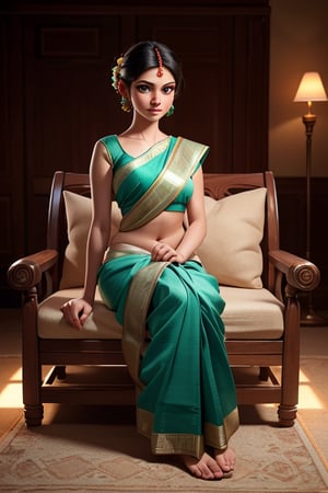 (full body shot:1.3), bokeh:1.2, indoors, (jwellery), ((sitting on sofa)), solo, ((wearing Indian traditional saree with jwellers)),  , ,(22 years old light skinned south Indian woman), medium natural breast, flowing hair glamour, (green  eyes, beautiful eyes), beautiful face, perfect illumination, beautiful detailed eyes, looking at viewer, stunningly beautiful woman, detailed hairstyle, realistic_detailed_skin_texture,  good hands,  good feet, (8k, RAW photo, best quality, masterpiece:1.2), (realistic, photo-realistic:1.37), ultra high res, photon mapping, radiosity, physically-based rendering, (ambient light:1.3), (cinematic composition:1.3),professional soft lighting, light on face, 